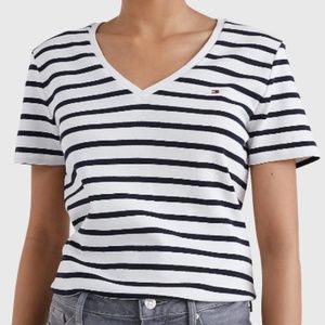 Tommy Hilfiger White & Thin Navy Stripe Organic Cotton Slim Fit V-Neck Tee - S